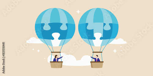 Two business people in hot air balloons with puzzle piece designs