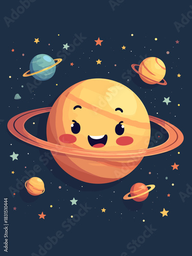 Cartoon vector illustration of a smiling planet with rings (resembling Saturn) in a dark starry space environment.