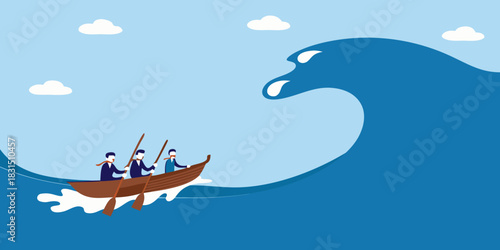 Businessmen rowing a boat towards a giant wave