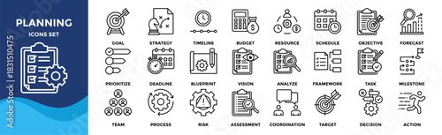 Planning icon set collection. an icon pack contain goal, strategy, timeline, budget, resource, schedule, objective, forecast, prioritize, deadline