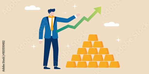 Businessman pointing at rising arrow graph over pile of gold bars