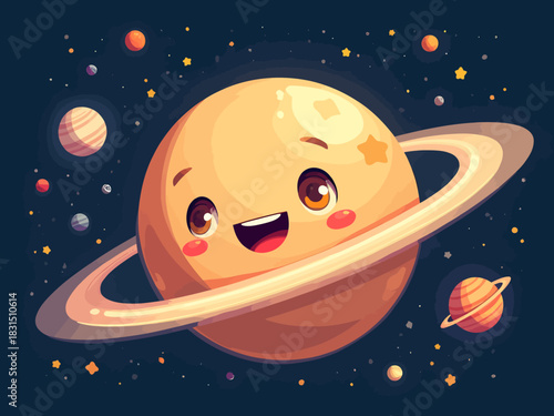 Cartoon vector illustration of a smiling planet with rings (resembling Saturn) in a dark starry space environment.