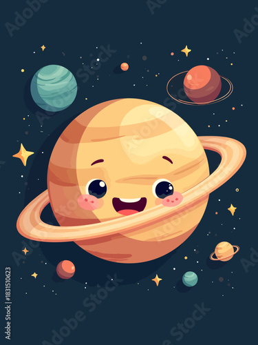 Cartoon vector illustration of a smiling planet with rings (resembling Saturn) in a dark starry space environment.