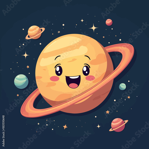 Cartoon vector illustration of a smiling planet with rings (resembling Saturn) in a dark starry space environment.