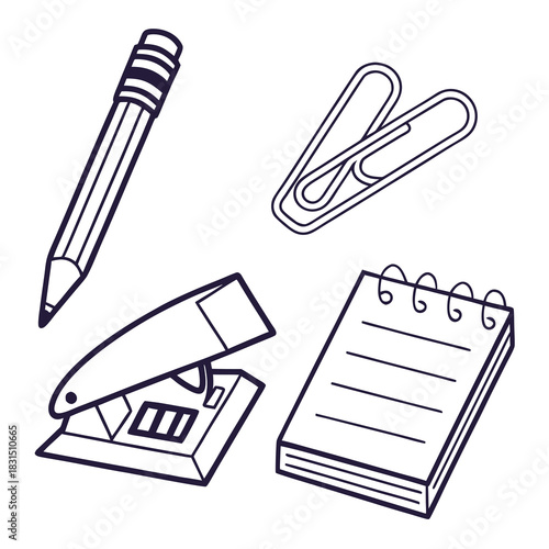 Pencil paperclip stapler hole punch notebook icons