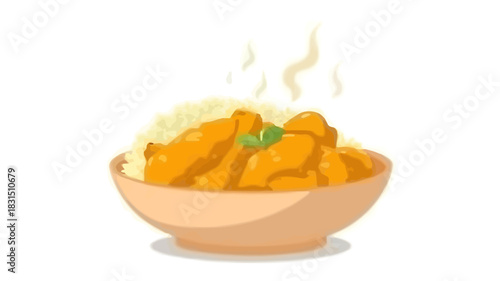 Vector illustration of a brown bowl filled with steaming hot yellow food, resembling mac and cheese, corn, or porridge.