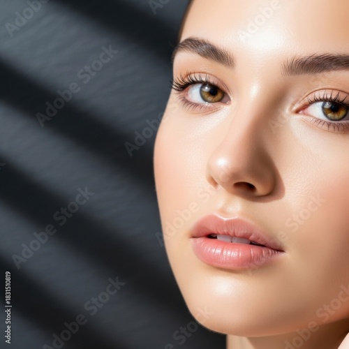 Close-up of Young Woman Face with Clear Skin Bright Eyes and Natural Makeup in Studio Portrait