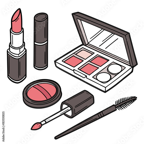 Pink lipstick compact eyeshadow mascara and brushes