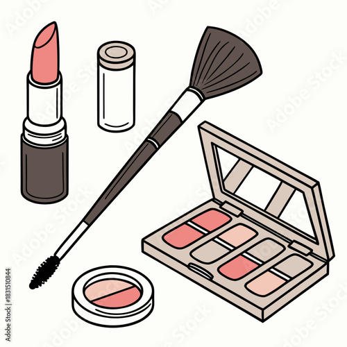 Pink lipstick mascara brush eyeshadow palette and compact