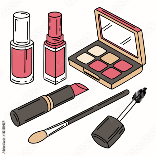 Pink lipstick nail polish eyeshadow palette and brushes