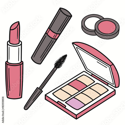 Pink lipstick mascara blush and eyeshadow palette makeup