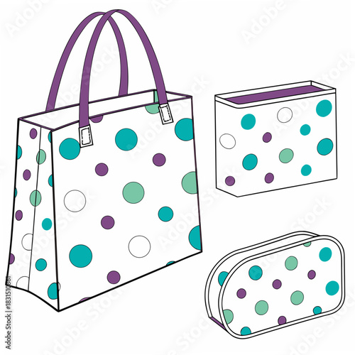 Polka dot bags with purple handles on white background