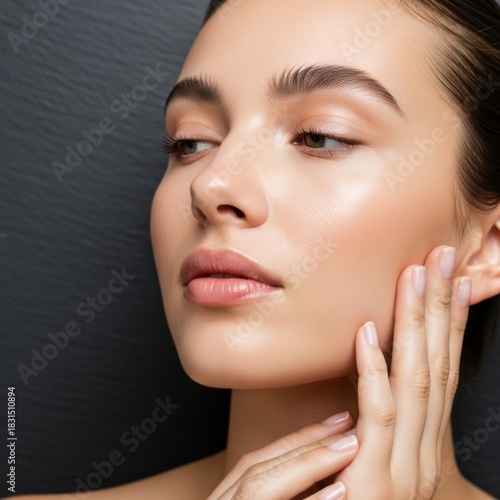 Young Woman with Clear Skin and Soft Expression in Studio with Neutral Background