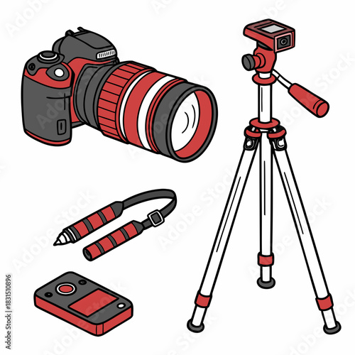 Red and black camera tripod strap and remote photography
