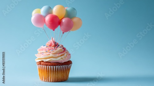 Colorful birthday cupcake with frosting and sprinkles surrounded by vibrant balloons on a festive party table for celebration and milestone photos