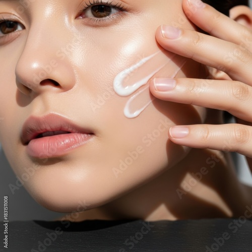 Young Woman Applying Skincare Cream on Face in Close Up