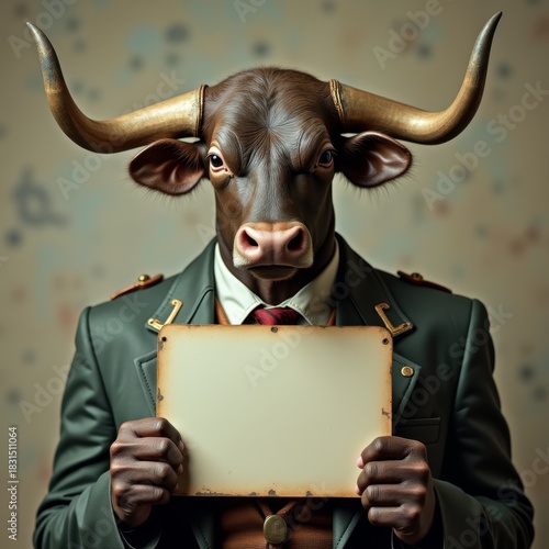Anthropomorphic bull holdin...