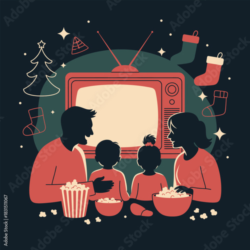 family movie night christmas tv watching holiday popcorn cozy winter scene family celebration festive living room christmas stockings warm holiday vibes family togetherness holiday entertainment