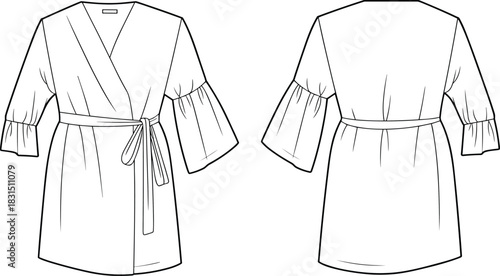 Women's wrap dress CAD illustration with flared sleeves, waist tie belt, front and back flat sketch, fashion vector template
