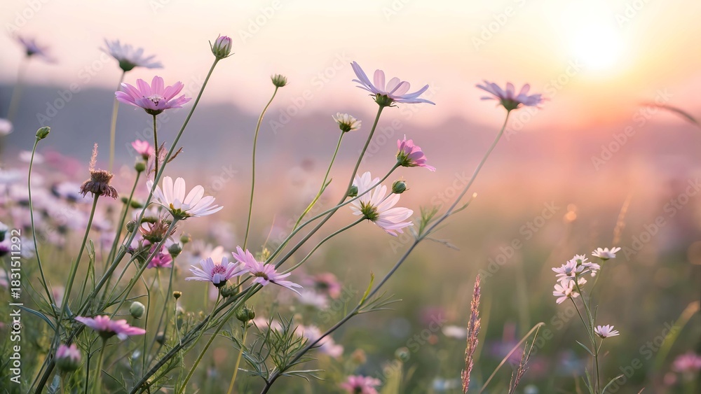Naklejka premium wildflower field nature sunset landscape