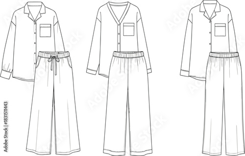 Women’s pajama set front and back technical fashion flat sketch with button-down top and wide-leg pants, cad vector template