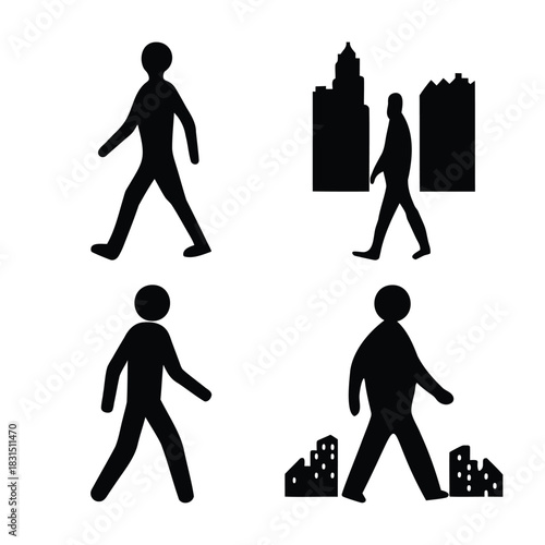 Walking person silhouette set, urban cityscape icons included.