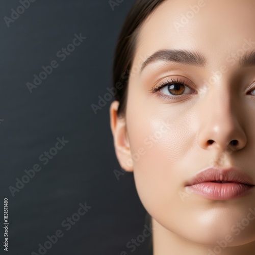 Close-up of Young Woman with Clear Skin and Brown Eyes on Dark Background