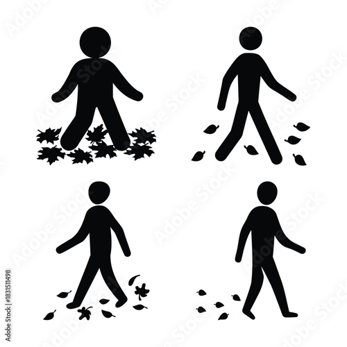 Autumn season walking figures with fall leaves graphic icon