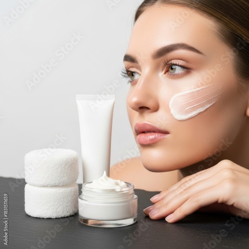 Young Woman Applying Skin Cream with Cotton Pads and Skincare Products on Black Surface