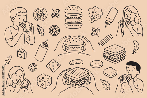  Vector illustration of people happily eating burgers and sandwiches surrounded by ingredients like cheese, lettuce, and tomatoes. Expressive faces show enjoyment and satisfaction.