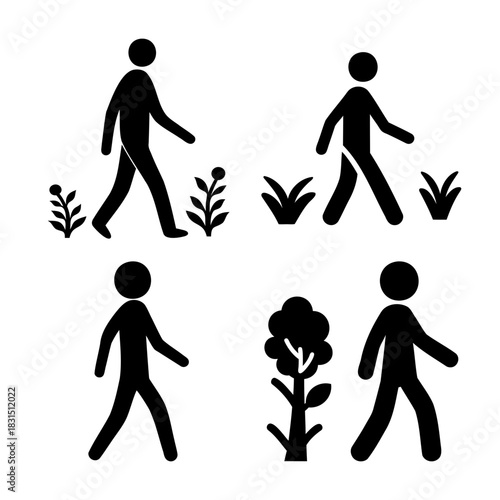 Vector illustration of walking stick figures and plant icons