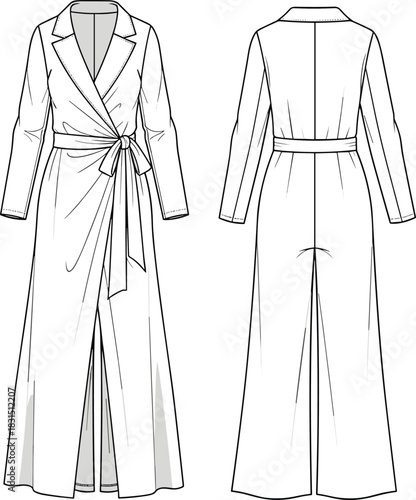 Long wrap trench coat technical fashion flat, front and back view, cad illustration, garment design template, vector sketch drawing