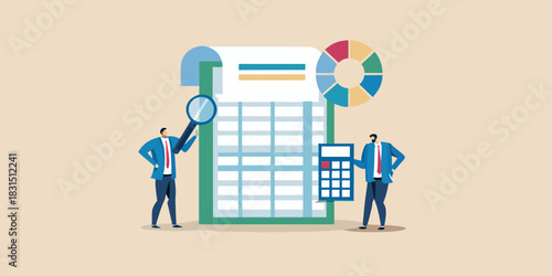 Businessmen analyzing financial data with calculator and magnifying glass