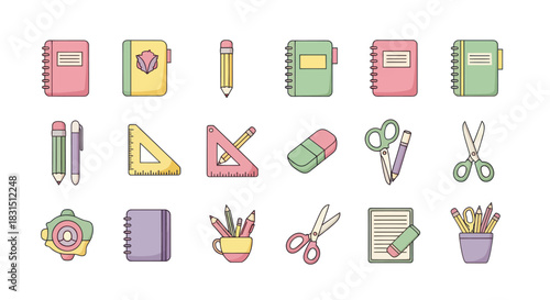 Collection of colorful school and office supplies on white background