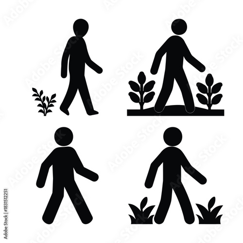 Human figure walking symbol set with green nature elements
