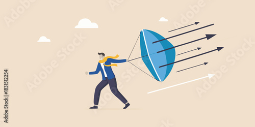 Businessman uses umbrella as shield against incoming arrows