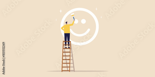 Man painting a large smiley face on a wall with a ladder
