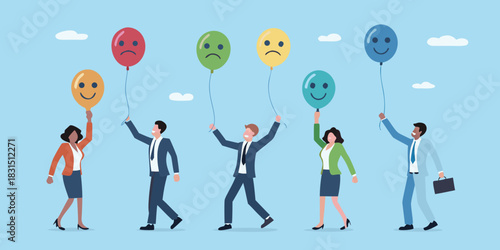 Diverse business people holding balloons with different facial expressions
