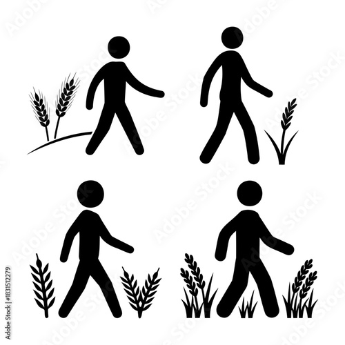 Individual walking through grain field, agriculture symbol design