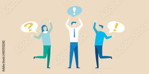 People celebrating with question and exclamation marks