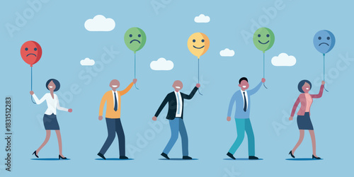 Diverse group of people holding balloons with different facial expressions