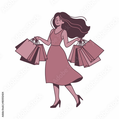 Fashionable woman with shopping bags in pink dress for retail shopping fashion lifestyle or consumer branding design