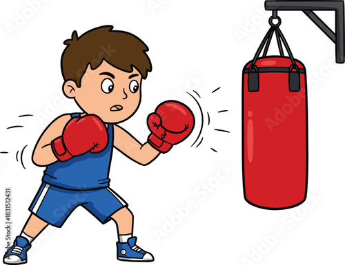 Young boy boxing with punching bag, wearing gloves and sportswear, fitness training, kids exercise, strength, determination, cartoon sport illustration