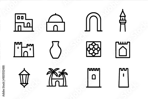Desert Architecture Icons. Desert architecture. Line outline icon set of desert architecture: adobe house,