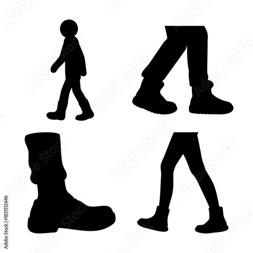 Walking person and legs with footwear silhouettes set vector