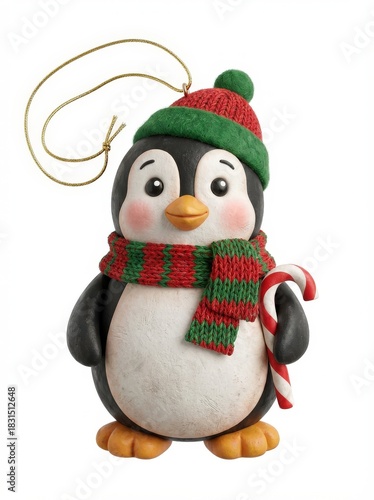 Adorable Penguin Christmas Ornament with Scarf and Candy Cane.