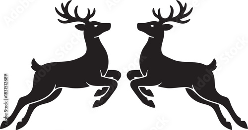 Symmetrical Pair of Jumping Reindeer Silhouettes, Black Vector Christmas and Wildlife Graphic