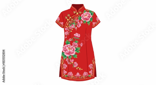 A traditional red Chinese cheongsam dress, or qipao, with an elegant pink peony floral embroidery pattern isolated on a white background.