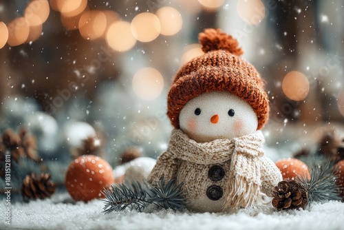 Adorable plush snowman wearing knitwear sits surrounded by snowy winter decorations and soft lights