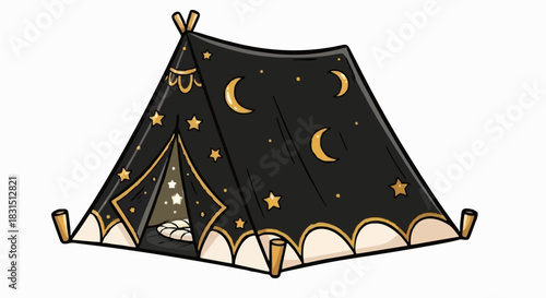 A black tent adorned with golden stars and crescent moons, perfect for camping.